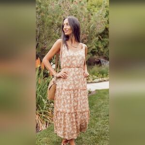 Nwot Medium Burnt Orange And Cream Floral Sundress Maxi Midi Dress Flowy Ruffle